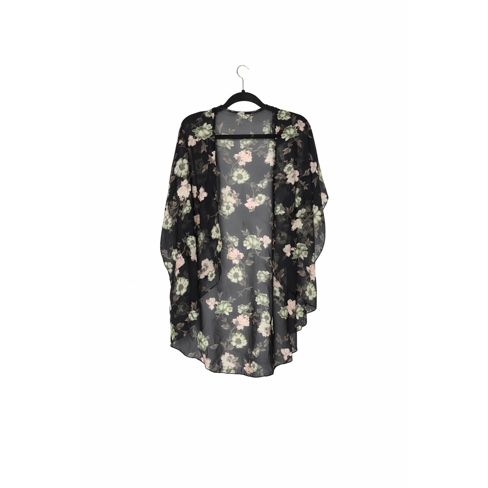 Sheer Black Floral Kimono Wrap Open Front Chiffon Cardigan Cover Up Women